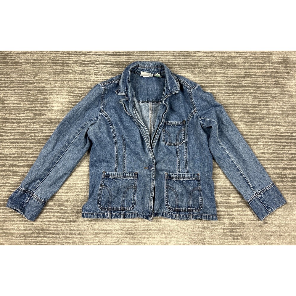Bill Blass Denim Blazer Womens Large Blue Jeanswear Single Button Cotton Jacket